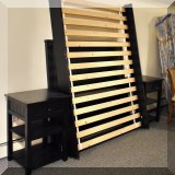 F56. Black painted full bed (42”h) and pair of matching nightstands (29”h x 21”w x 18”d) 